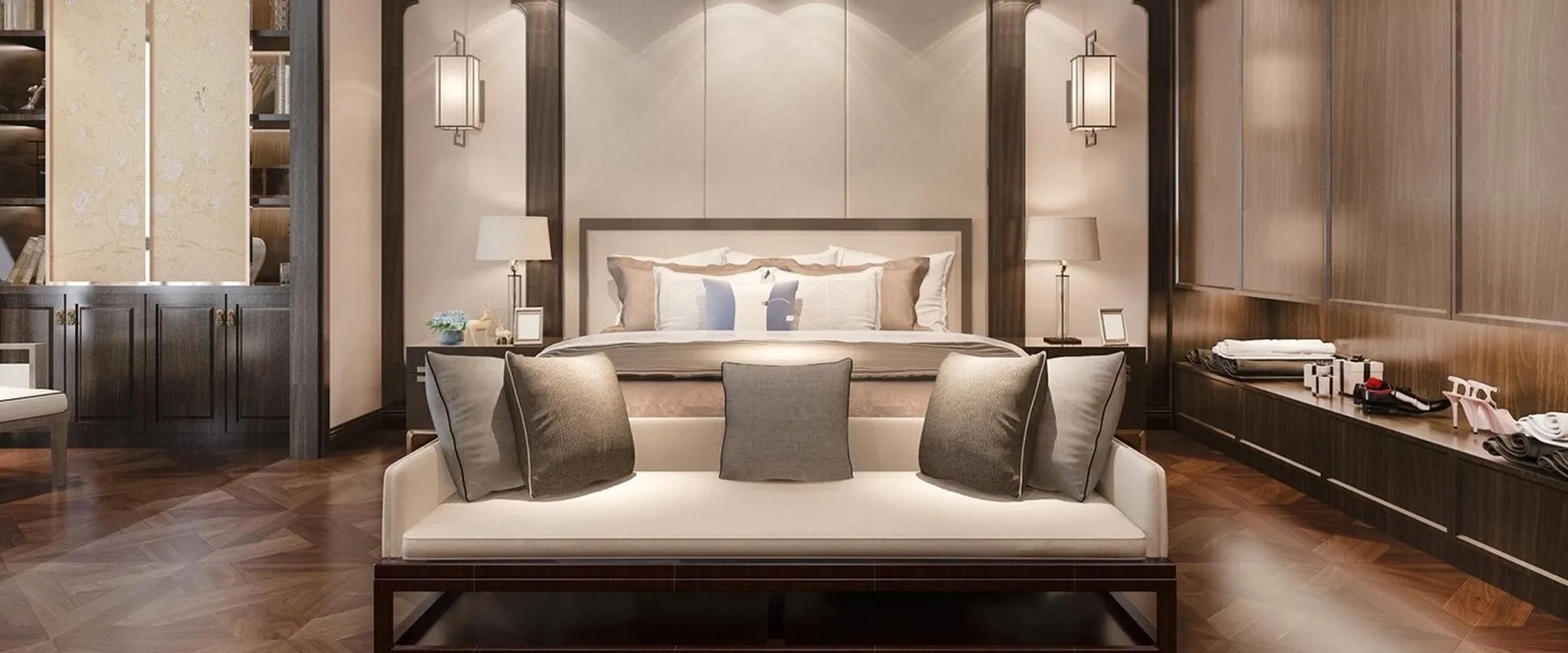 Kamar tidur bernuansa kayu dengan bangku berlapis kain