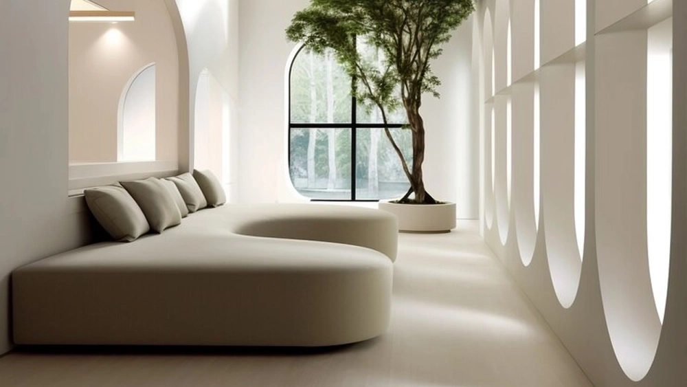 Lorong lengkung dengan sofa dan pohon hias