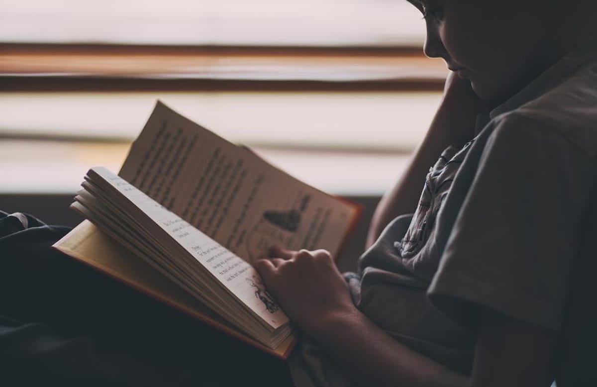 Membaca buku di dekat jendela